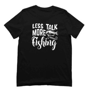 Vis T-shirt – Less Talk More Fishing, zwart
