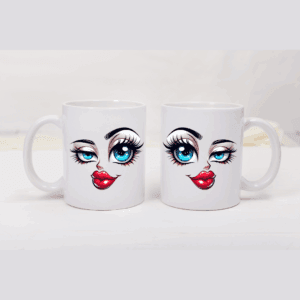 Mok met gezicht en glamourlook – blauwe ogen, dubbelzijdig bedrukt