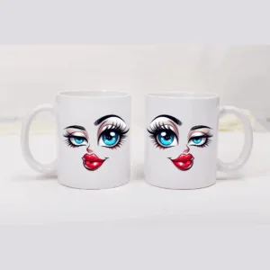 Mok met gezicht en glamourlook – blauwe ogen, dubbelzijdig bedrukt