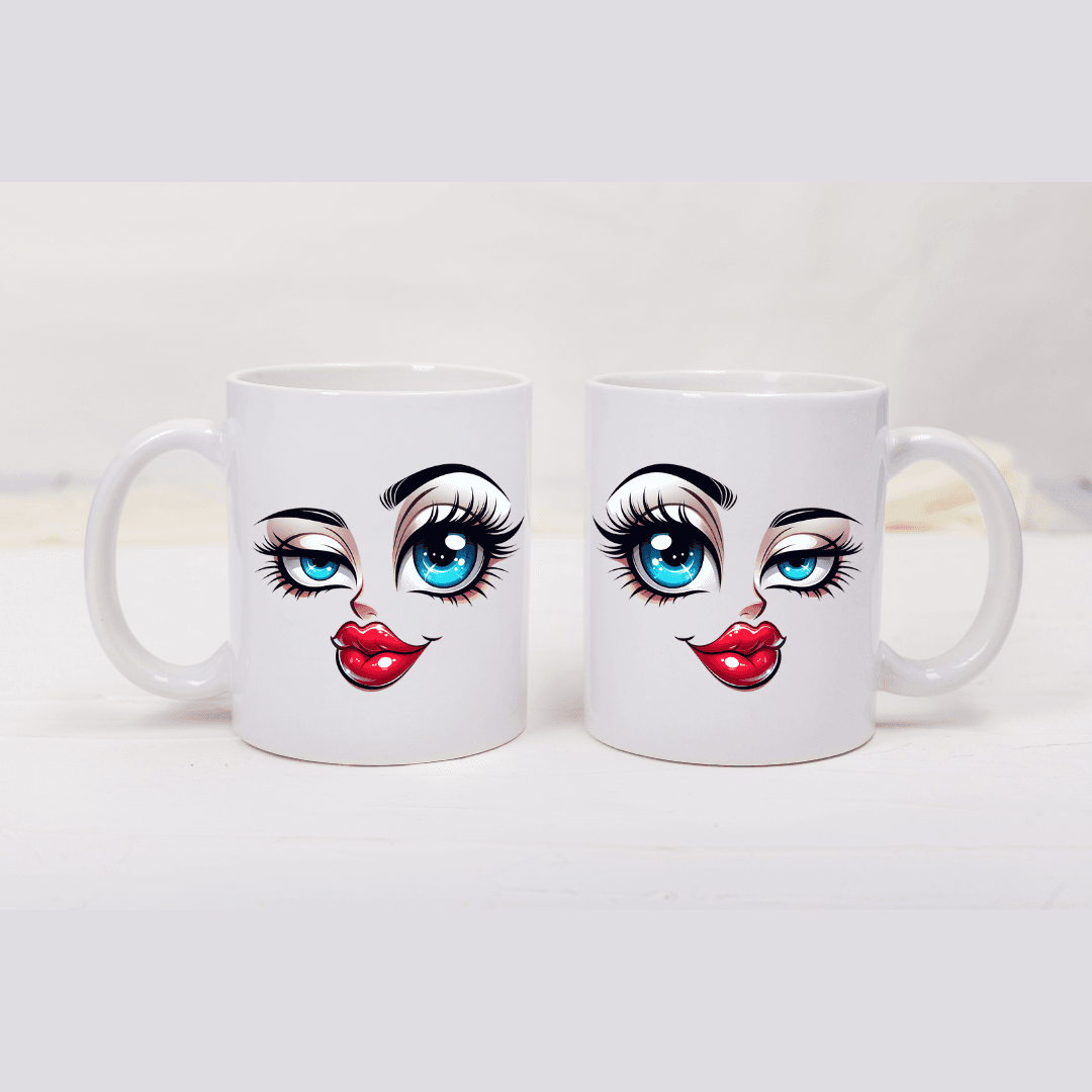 Mok met gezicht en glamourlook – blauwe ogen, dubbelzijdig bedrukt