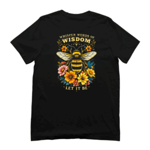 Let It Be T-shirt met bij en bloemen – zwart katoen, uniseks