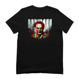Zwart Halloween T-shirt met enge clown print – griezelig en stijlvol uniseks model