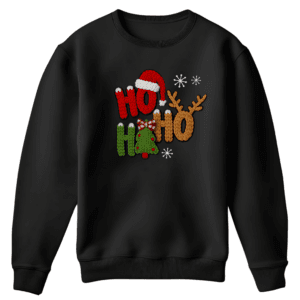 Zwarte foute kersttrui met groene HO HO HO tekst, rendiergewei en kerstboomdesign – feestelijke kerstsweater voor de feestdagen