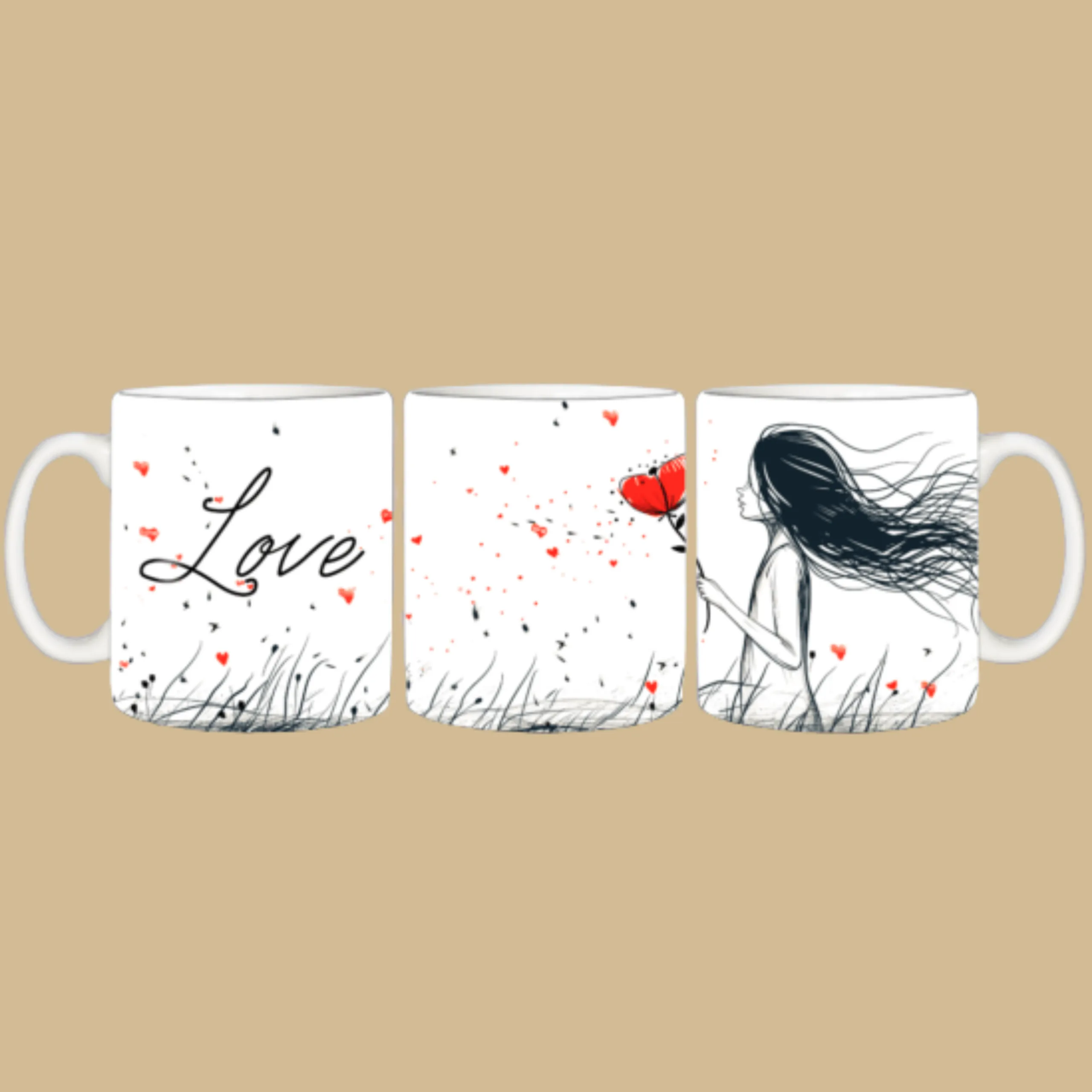 Valentijns mok met hartjes en Love illustratie – romantische koffiemok