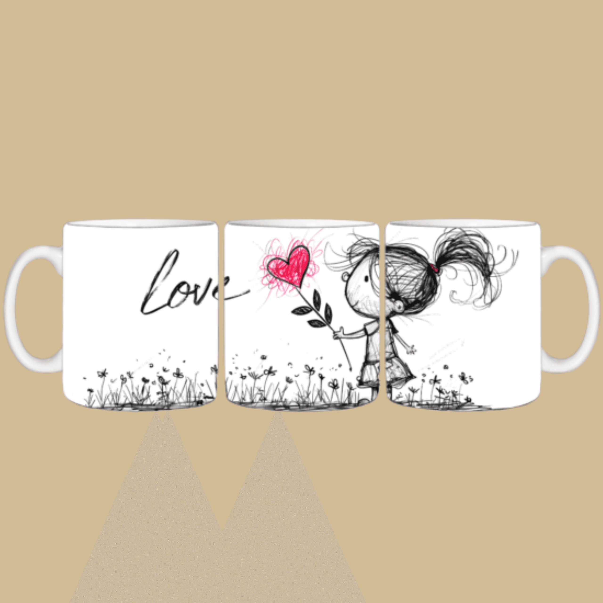 Valentijns mok met speelse love illustratie en rood hart