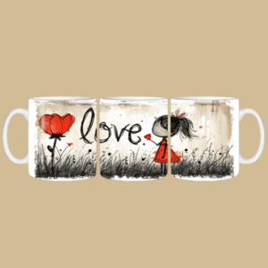 Valentijn mok met liefdevolle illustratie en het woord love – romantisch cadeau